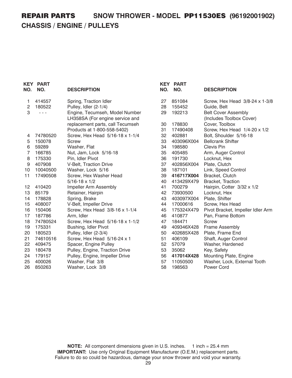 Poulan Pro 96192001902 SNOW THROWER User Manual | Page 29 / 32