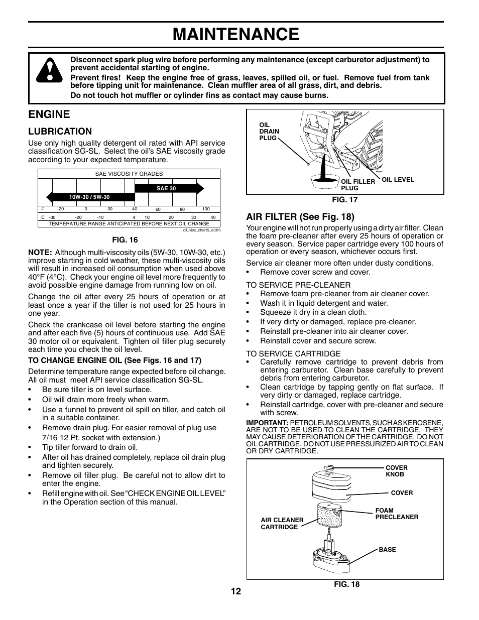 Maintenance, Engine, Lubrication | Air filter (see fig. 18) | Poulan 194800 User Manual | Page 12 / 22