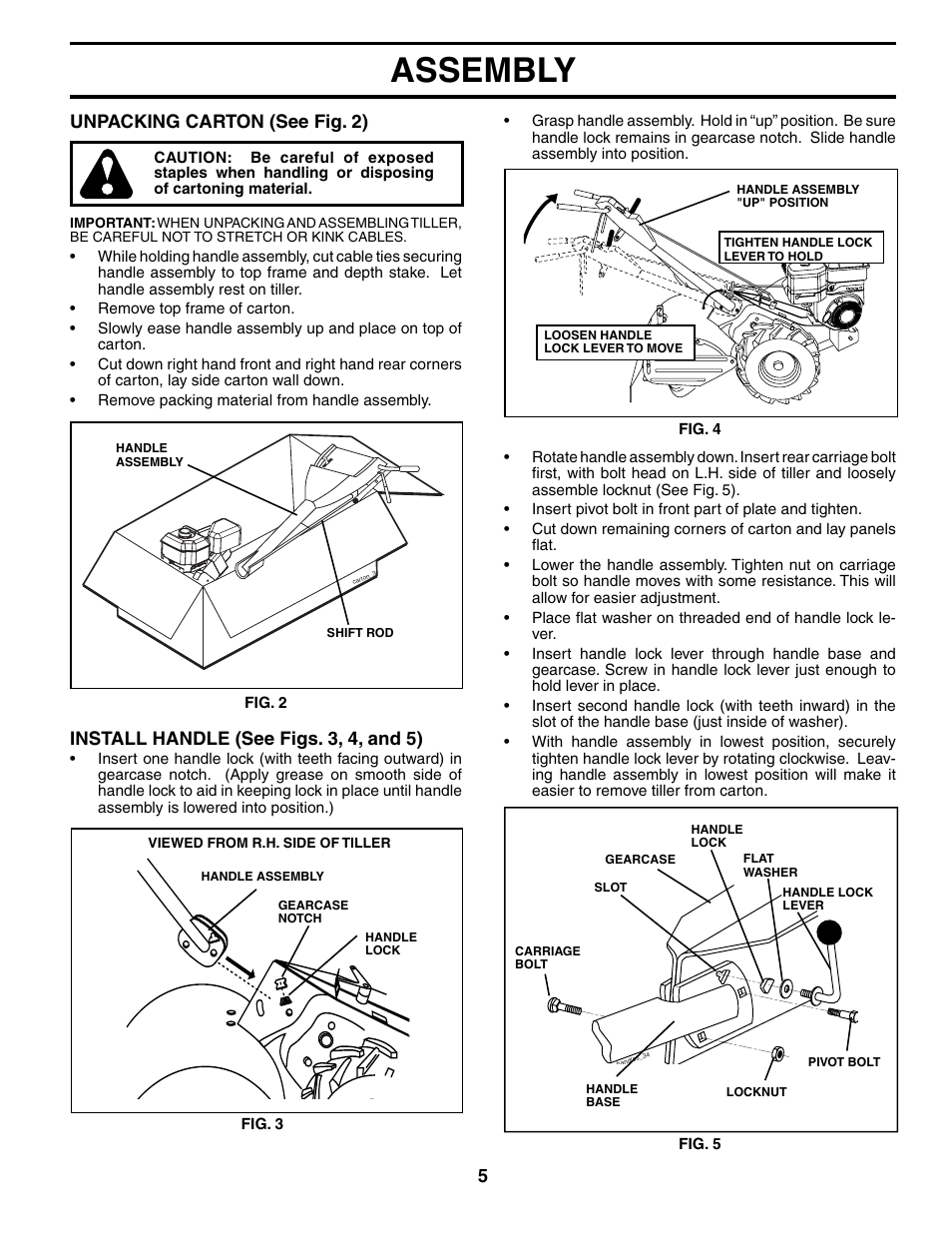 Assembly, Unpacking carton (see fig. 2), Install handle (see figs. 3, 4, and 5) | Poulan 194800 User Manual | Page 5 / 22