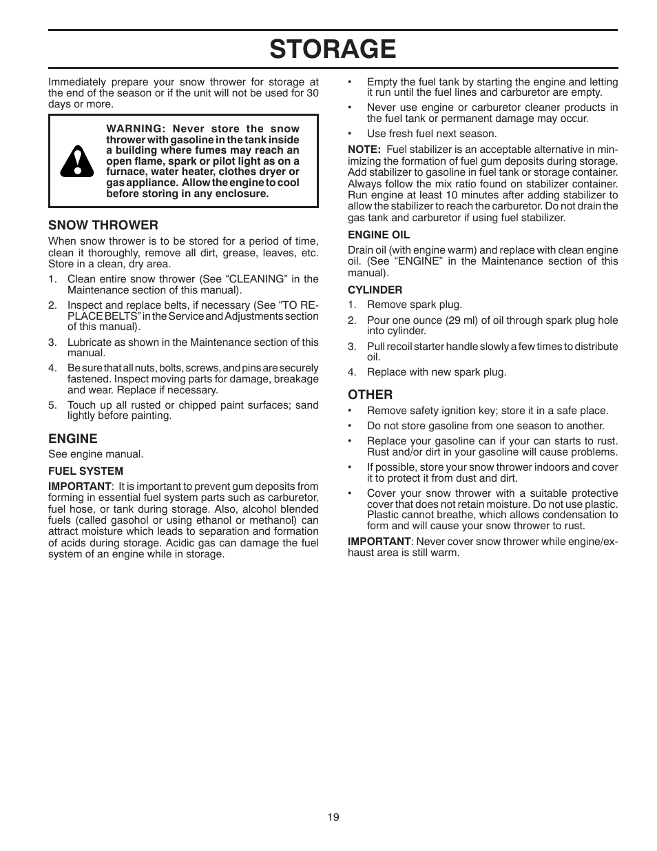 Storage | Poulan 96194000900 User Manual | Page 19 / 40