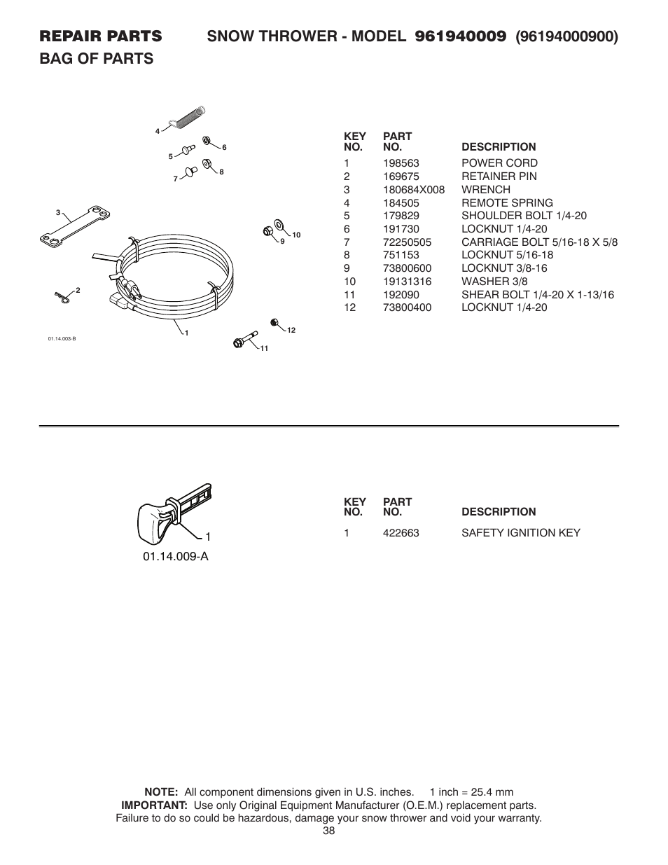 Bag of parts | Poulan 96194000900 User Manual | Page 38 / 40