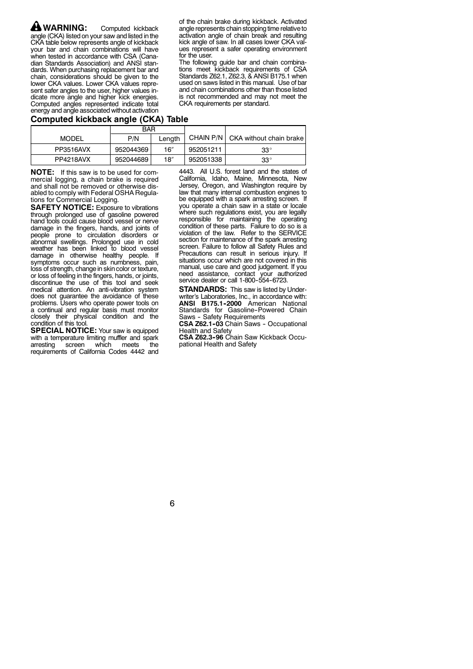 6warning, Computed kickback angle (cka) table | Poulan Pro PP3516AVX User Manual | Page 6 / 20