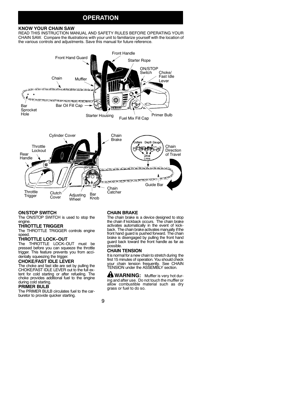 Operation, Warning | Poulan Pro PP3516AVX User Manual | Page 9 / 20