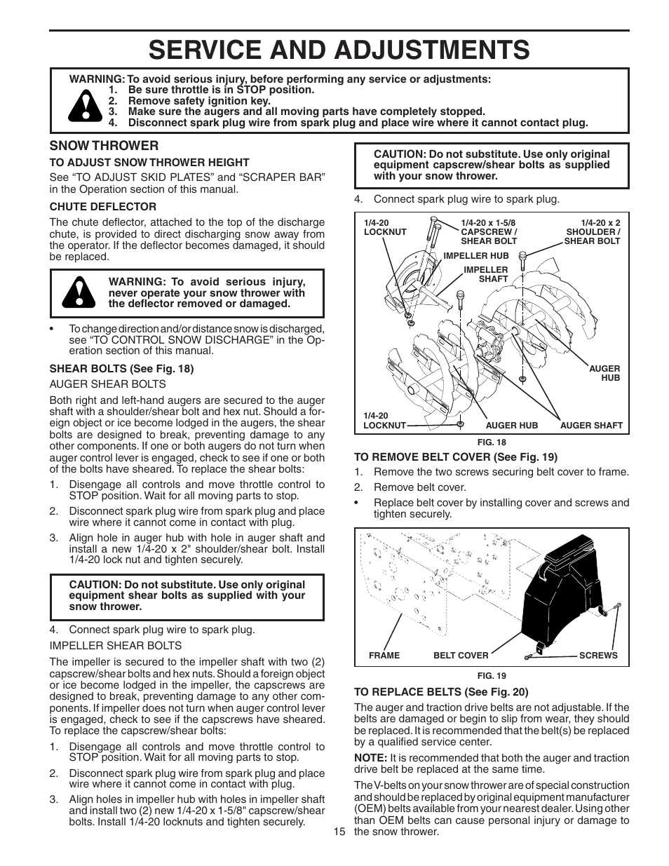 Service and adjustments, Snow thrower | Poulan 403919 User Manual | Page 15 / 20