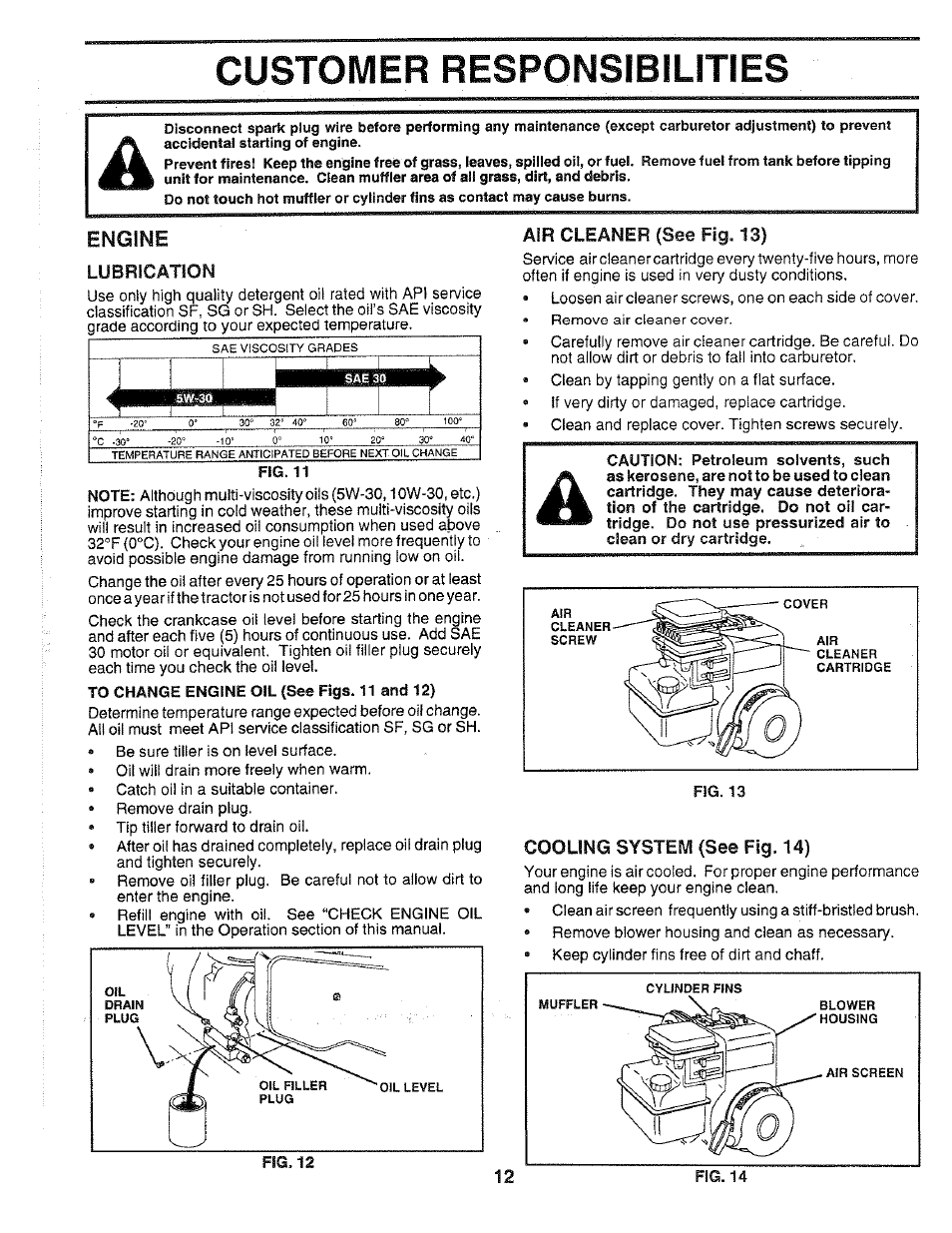 Lubrication, Air cleaner (see fig. 13), Cooling system (see fig. 14) | Customer responsibilities, Engine | Poulan 168493 User Manual | Page 12 / 24