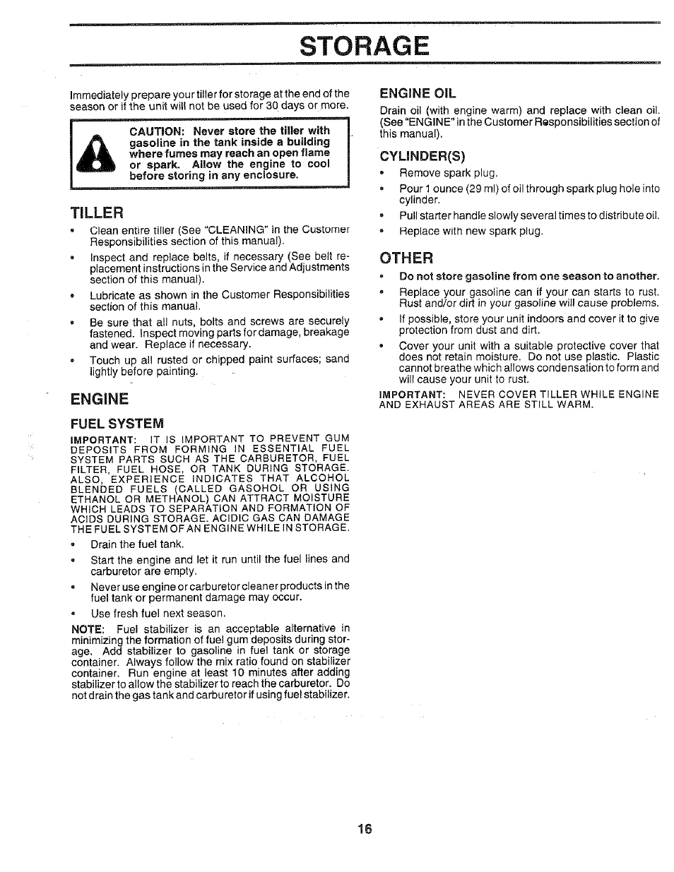 Storage, Fuel system, Cylfnder(s) | Other, Tiller, Engine | Poulan 168493 User Manual | Page 16 / 24