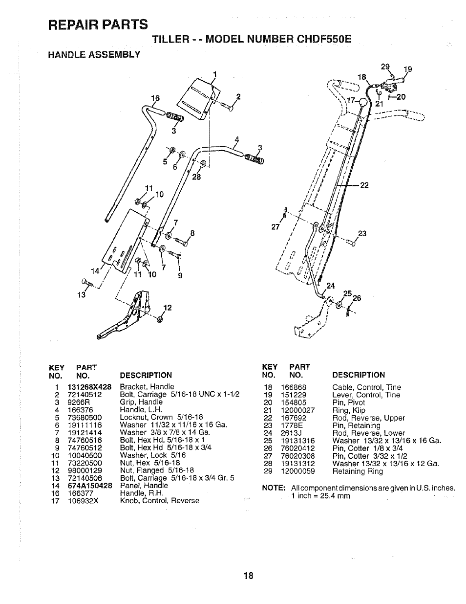 Handle assembly, Description, Parts | Repair, Tiller»» ft/iodel number chdf550e | Poulan 168493 User Manual | Page 18 / 24