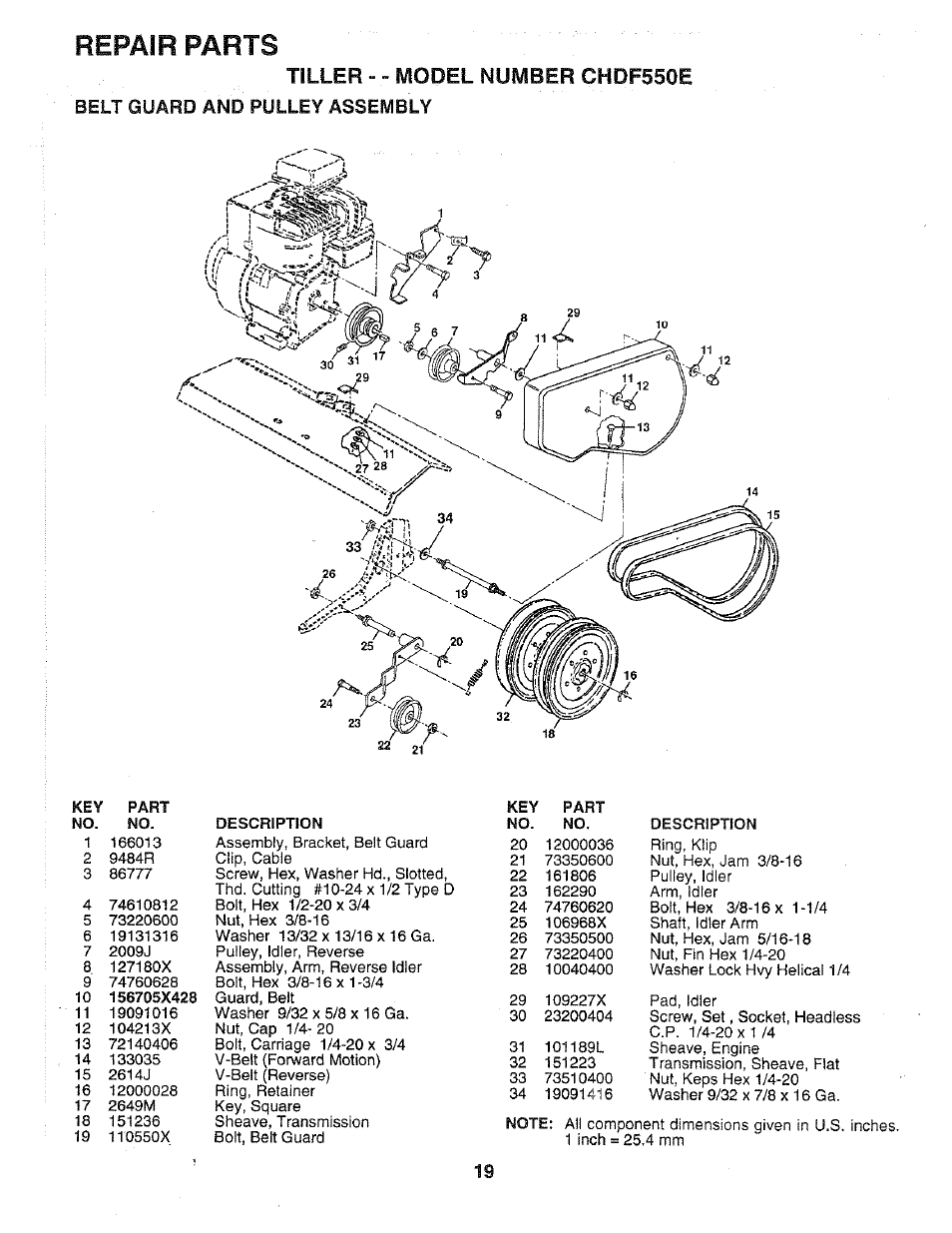 Repair parts, Tiller- -model number chdf550e, Belt guard and pulley assembly | Poulan 168493 User Manual | Page 19 / 24