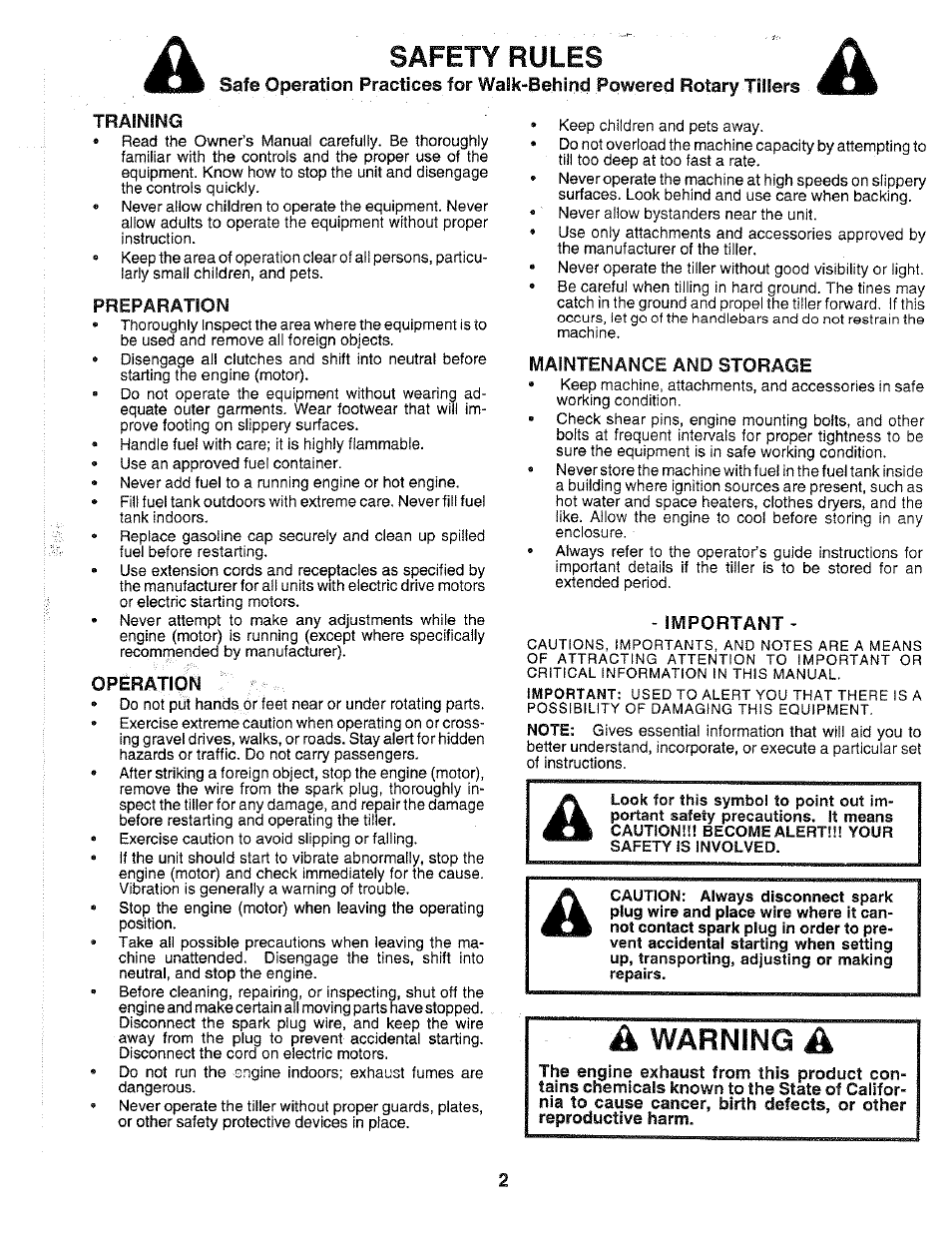 Training, Preparat80n, Opération | Maintenance and storage, Important, Safety rules | Poulan 168493 User Manual | Page 2 / 24