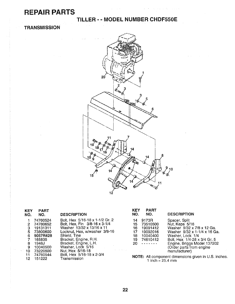 Repair parts, Tiller - - model number chdf550e, Transmission | Poulan 168493 User Manual | Page 22 / 24