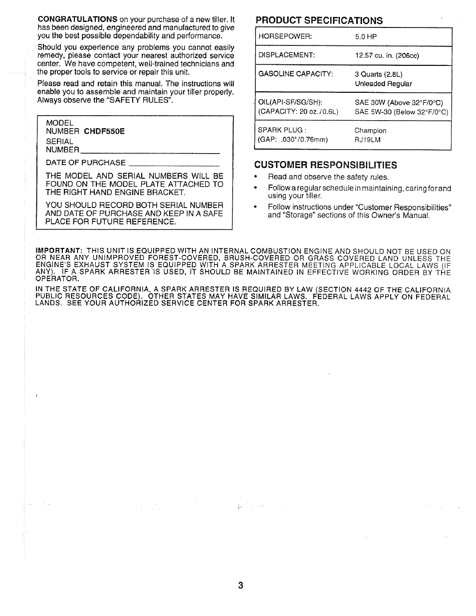 Product specifications, Customer responsibiutses | Poulan 168493 User Manual | Page 3 / 24