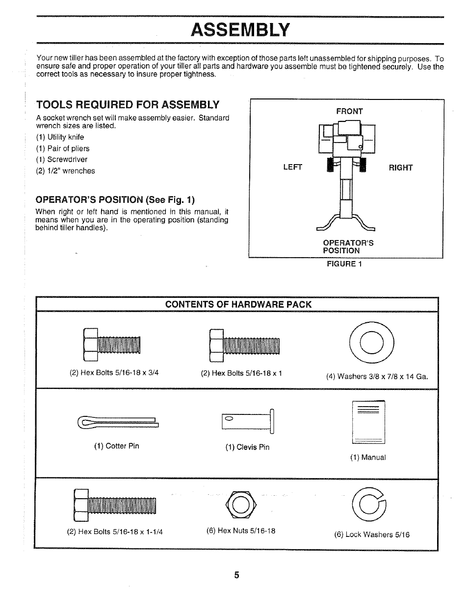 Assembly, Tools required for assembly, Operator’s position (see fig. 1) | Contents of hardware pack, Assembly -6 | Poulan 168493 User Manual | Page 5 / 24