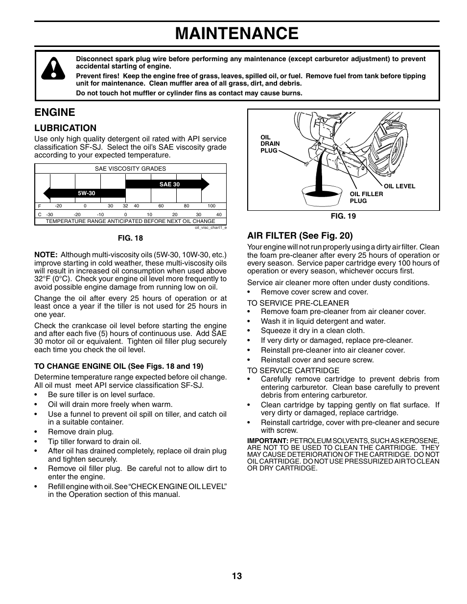 Maintenance, Engine, Lubrication | Air filter (see fig. 20) | Poulan 190388 User Manual | Page 13 / 21