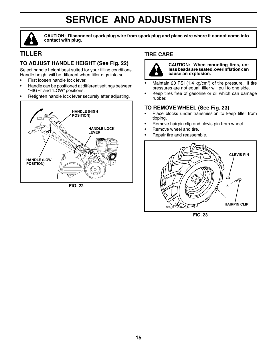 Service and adjustments, Tiller | Poulan 190388 User Manual | Page 15 / 21