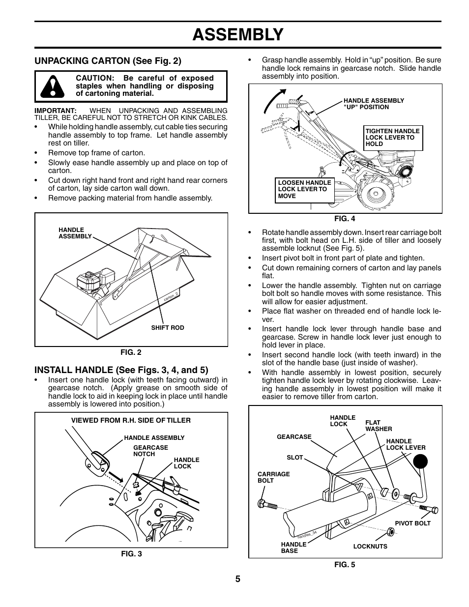 Assembly, Unpacking carton (see fig. 2), Install handle (see figs. 3, 4, and 5) | Poulan 190388 User Manual | Page 5 / 21