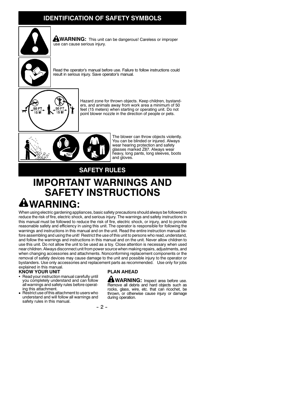 Important warnings and safety instructions warning, Identification of safety symbols, Safety rules | Poulan 952711609 User Manual | Page 2 / 7