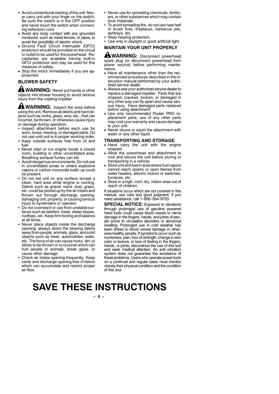 Save these instructions, Warning | Poulan 952711609 User Manual | Page 4 / 7