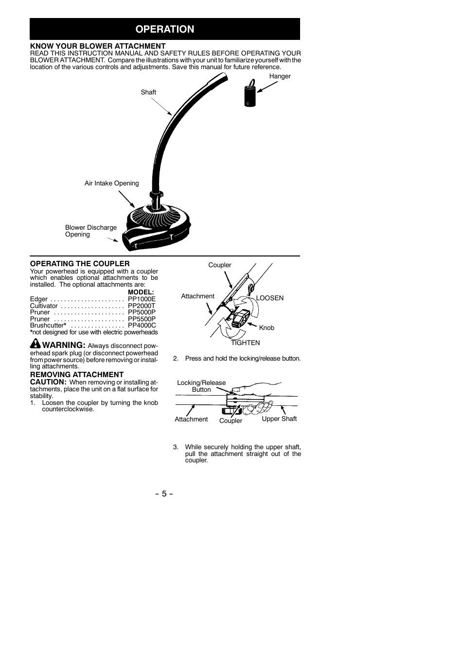 Operation, Warning | Poulan 952711609 User Manual | Page 5 / 7