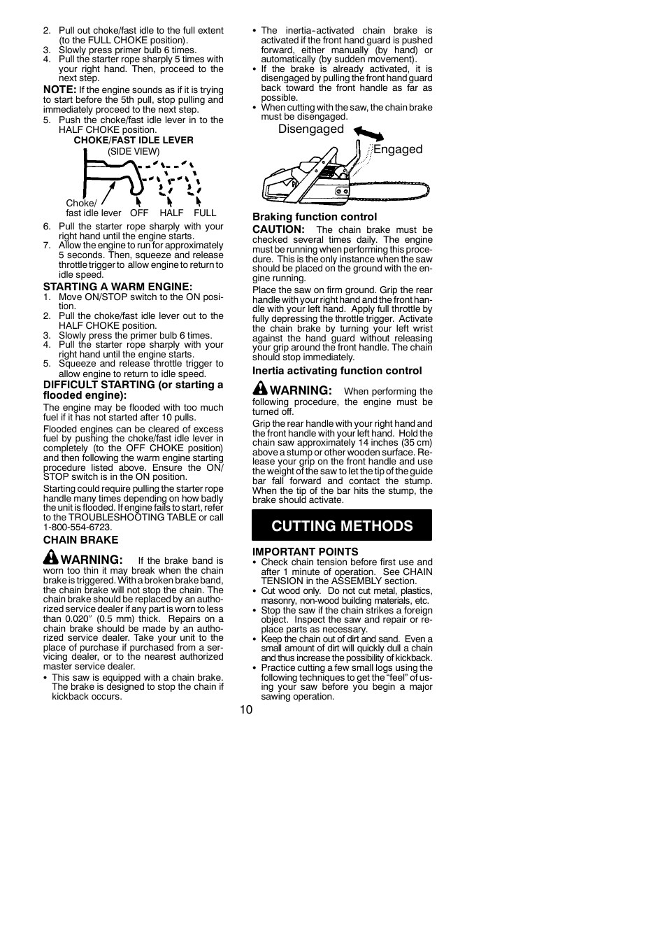 Cutting methods, Warning, Disengaged engaged | Poulan 545123644 User Manual | Page 10 / 18
