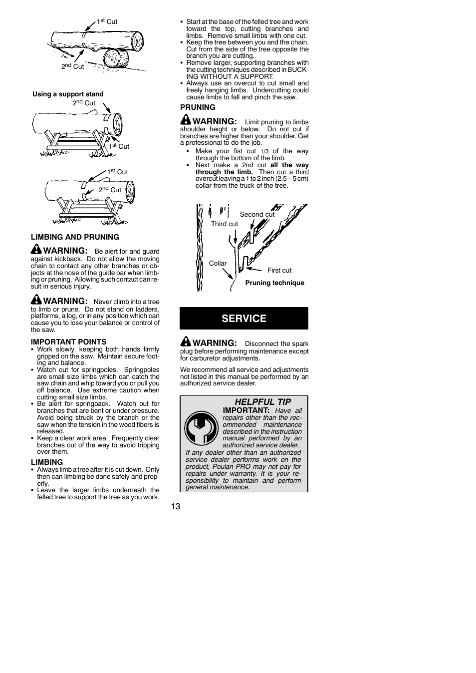 Service, Warning, Helpful tip | Poulan 545123644 User Manual | Page 13 / 18