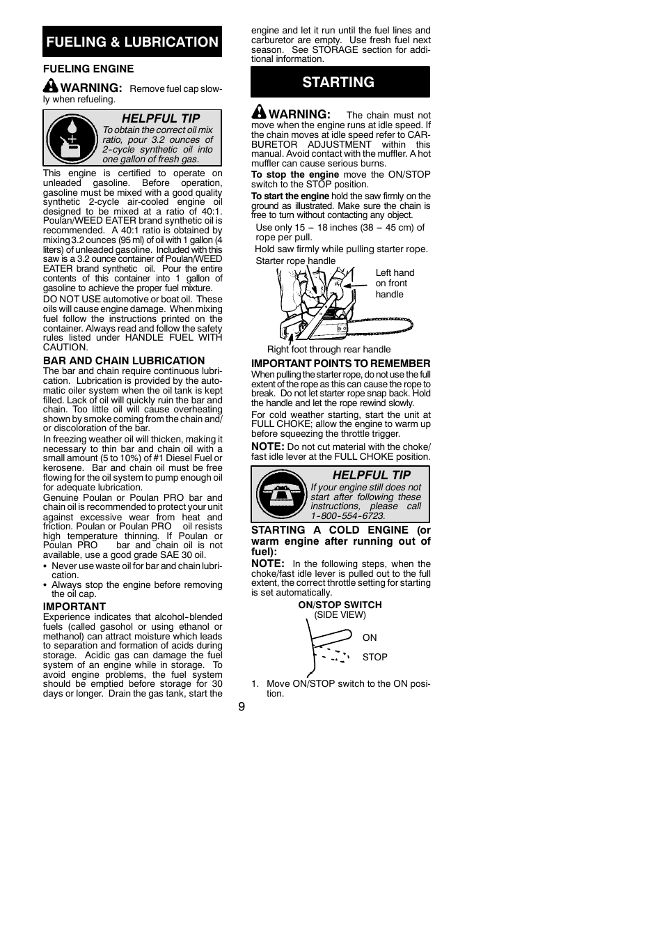 Starting, Fueling & lubrication, Warning | Helpful tip | Poulan 545123644 User Manual | Page 9 / 18