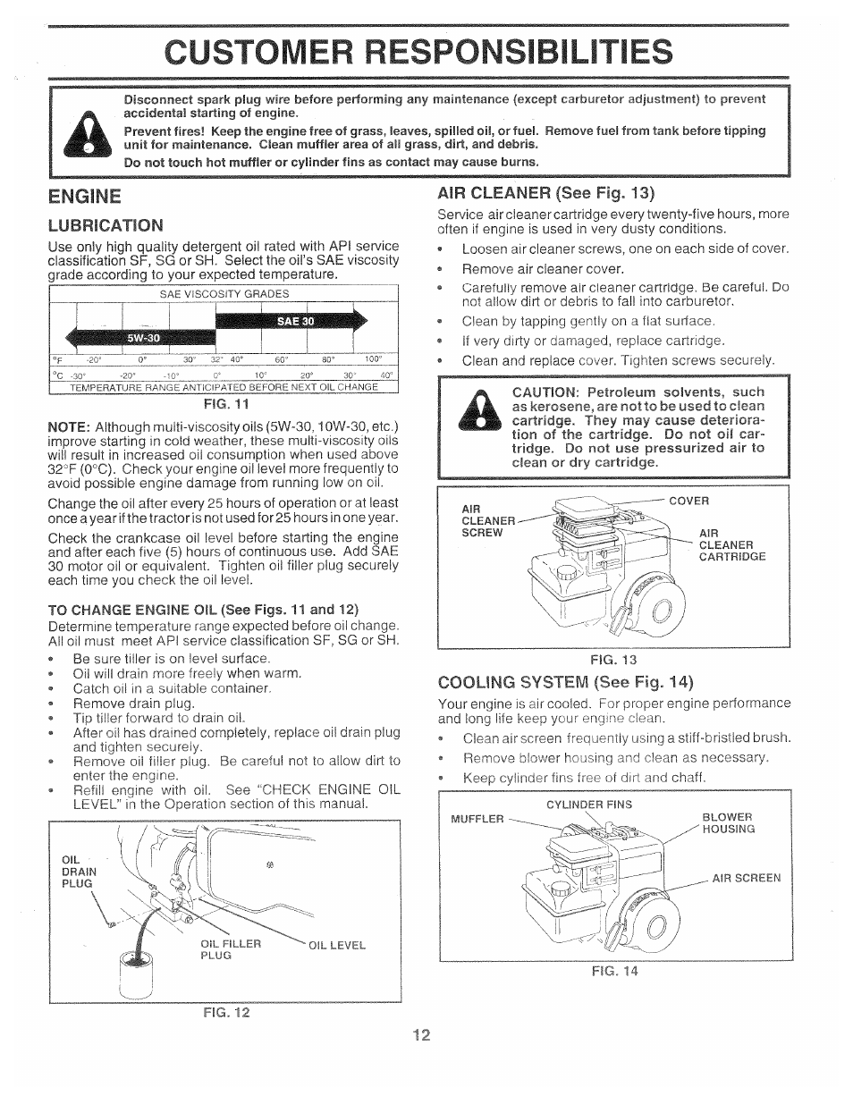 Engine, Lubrication, Air cleaner (see fig. 13) | Cooling system (see fig. 14), Customer responsibilities | Poulan 161673 User Manual | Page 12 / 24