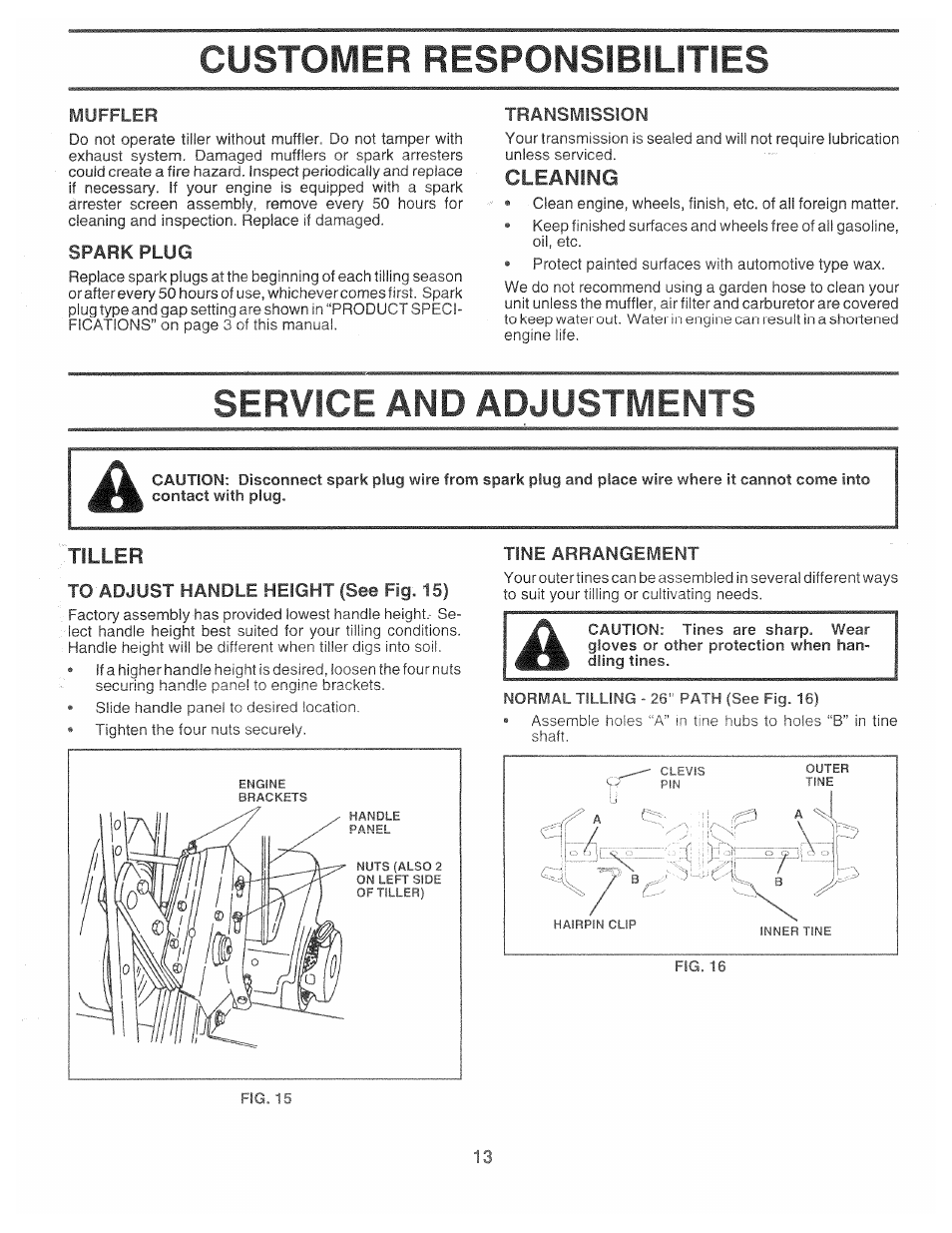 Muffler, Spark plug, Transmission | Cleaning, Service and adjustments, Tiller, To adjust handle height (see fig. 15), Tine arrangement, Spark plug transmission, Tiller -24 | Poulan 161673 User Manual | Page 13 / 24