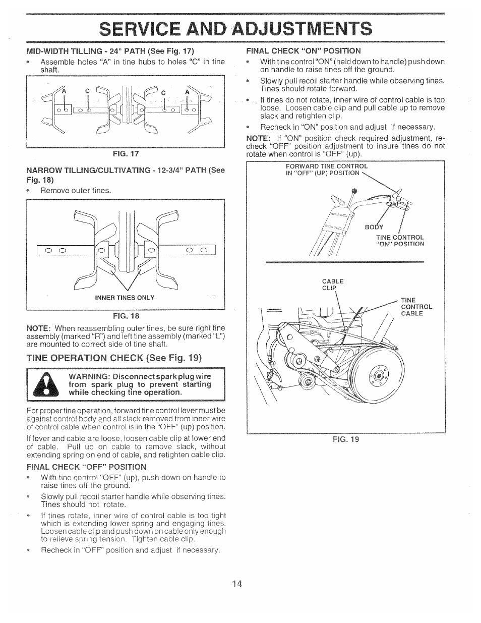 Tine operation check (see fig. 19), Service and adjustments | Poulan 161673 User Manual | Page 14 / 24