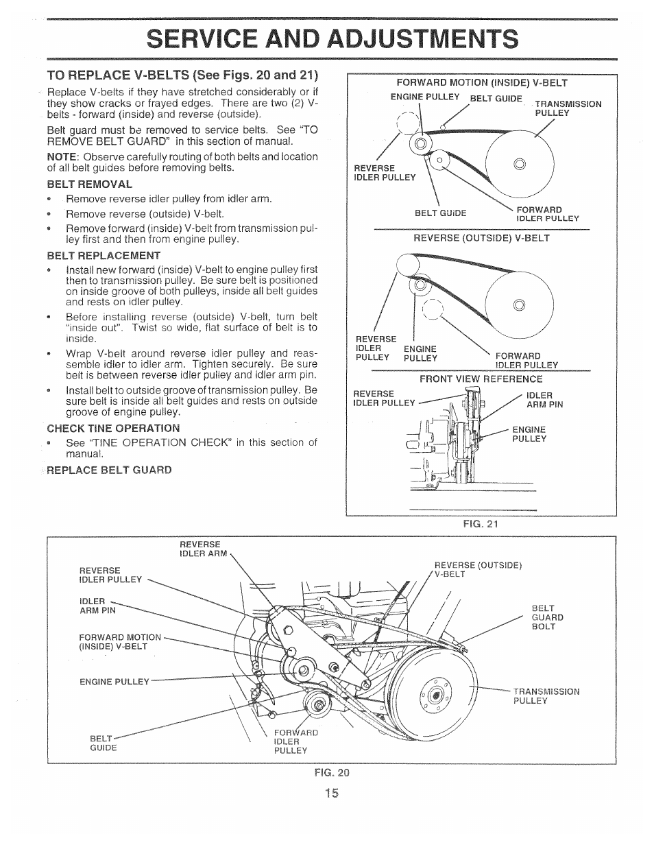 To replace v-belts (see figs, 20 and 21), Service and adjustments | Poulan 161673 User Manual | Page 15 / 24