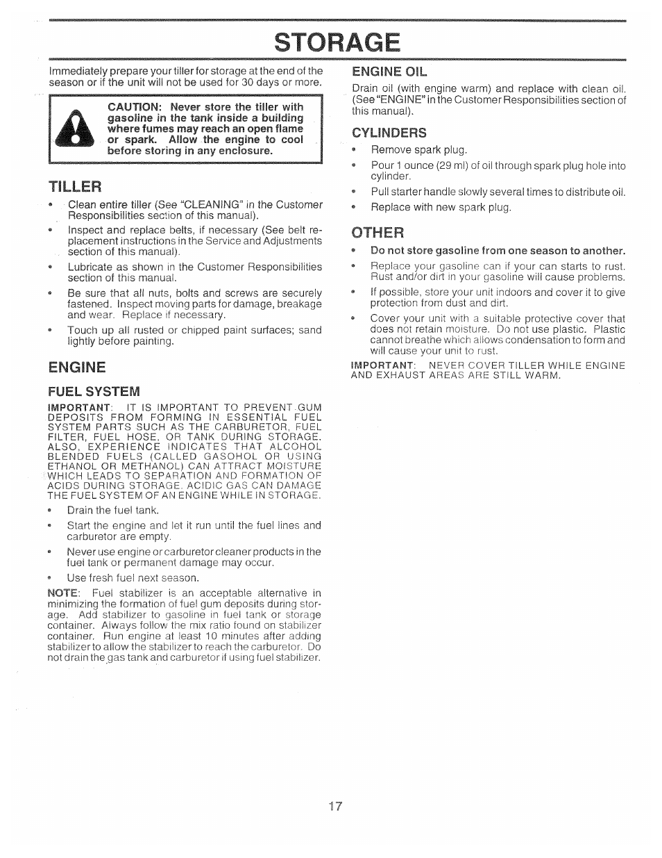 Storage, Tiller, Engine | Fuel system, Engine oil, Cylinders, Other | Poulan 161673 User Manual | Page 17 / 24