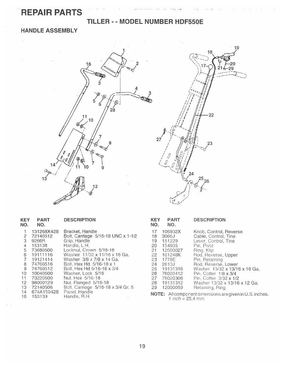 Handle assembly, Repair parts, Tiller - - model number hdf550e | Poulan 161673 User Manual | Page 19 / 24