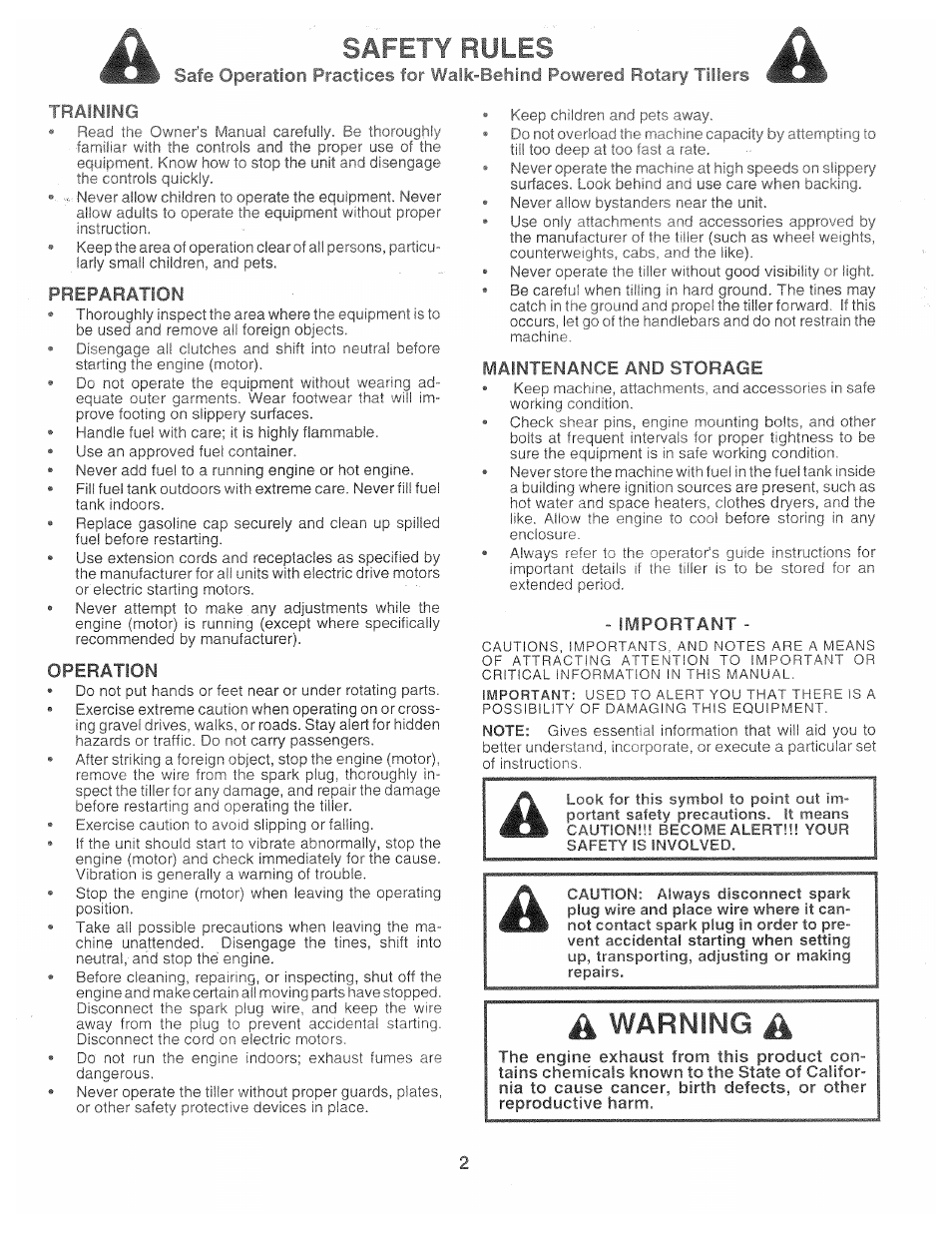 Preparation, Operation, Maintenance and storage | Important, Safety rules, A warning a | Poulan 161673 User Manual | Page 2 / 24