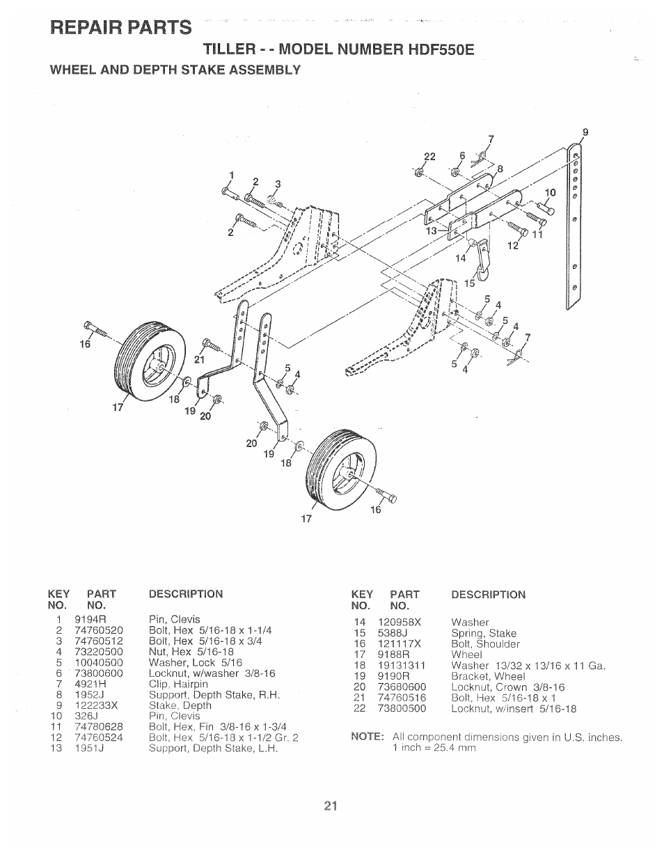 Tiller - - model number hdf550e, Wheel and depth stake assembly, Repair parts | Poulan 161673 User Manual | Page 21 / 24