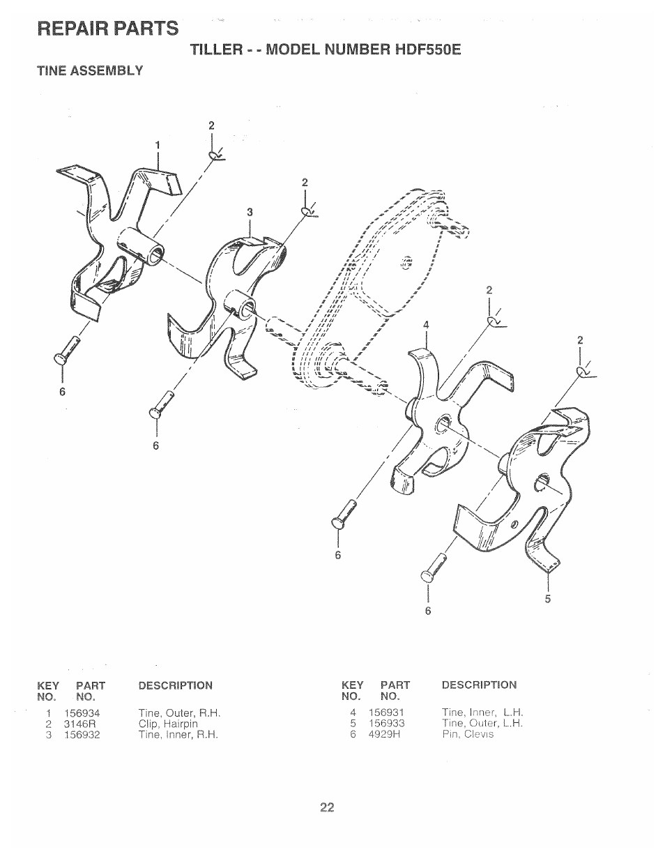 Tine assembly, Repair parts, Tiller - - model number hdf550e | Poulan 161673 User Manual | Page 22 / 24