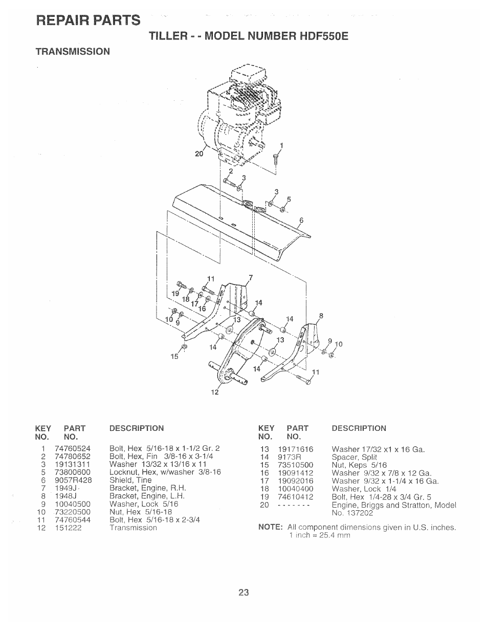 Transmission, Fr.\i, Repair parts | N it, Tiller - - model number hdf550e | Poulan 161673 User Manual | Page 23 / 24