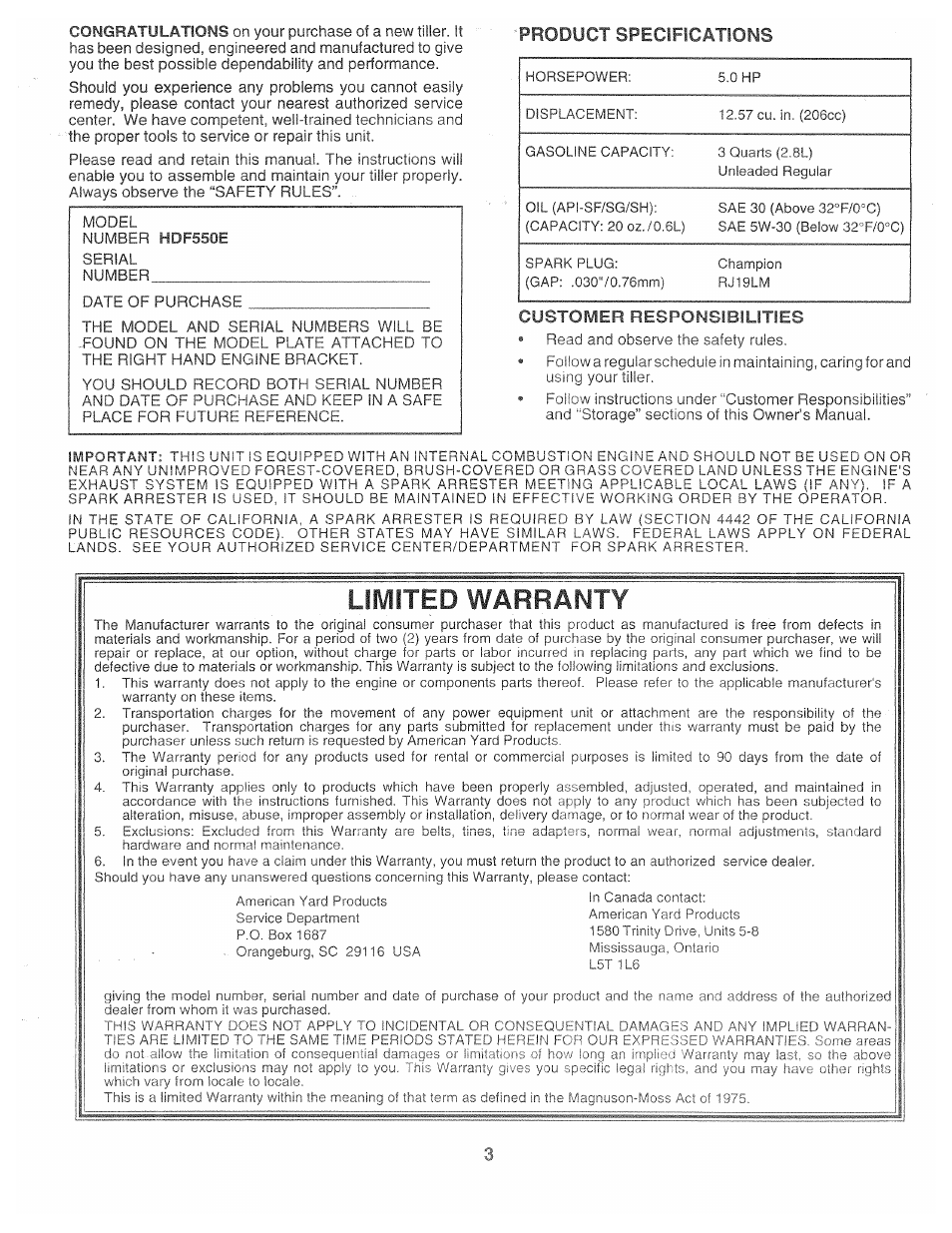 Product sfeclfications, Customer responsibilities, Limited warranty | Poulan 161673 User Manual | Page 3 / 24