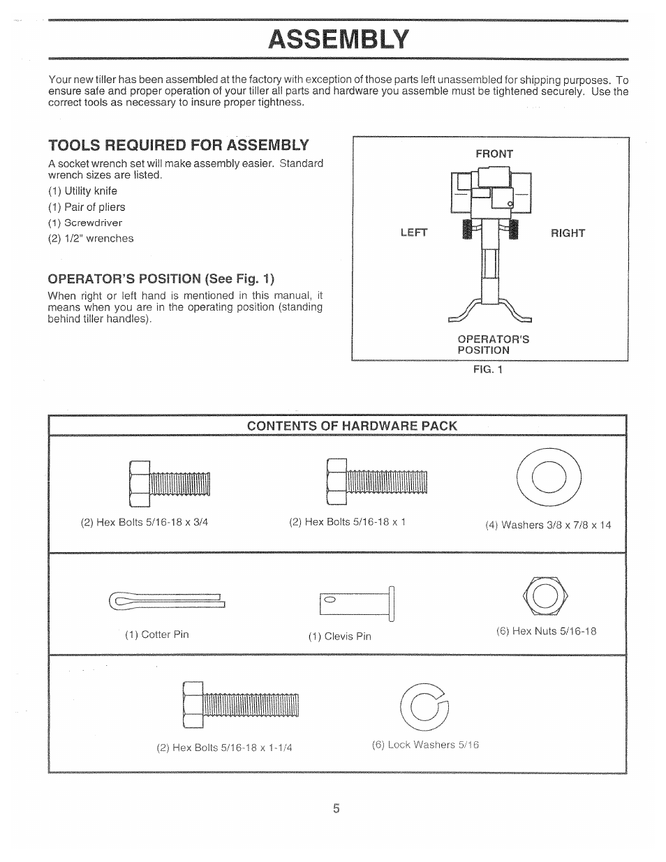 Assembly, Tools required for assembly, Operator’s position (see fig. 1) | Contents of hardware pack, Elon | Poulan 161673 User Manual | Page 5 / 24