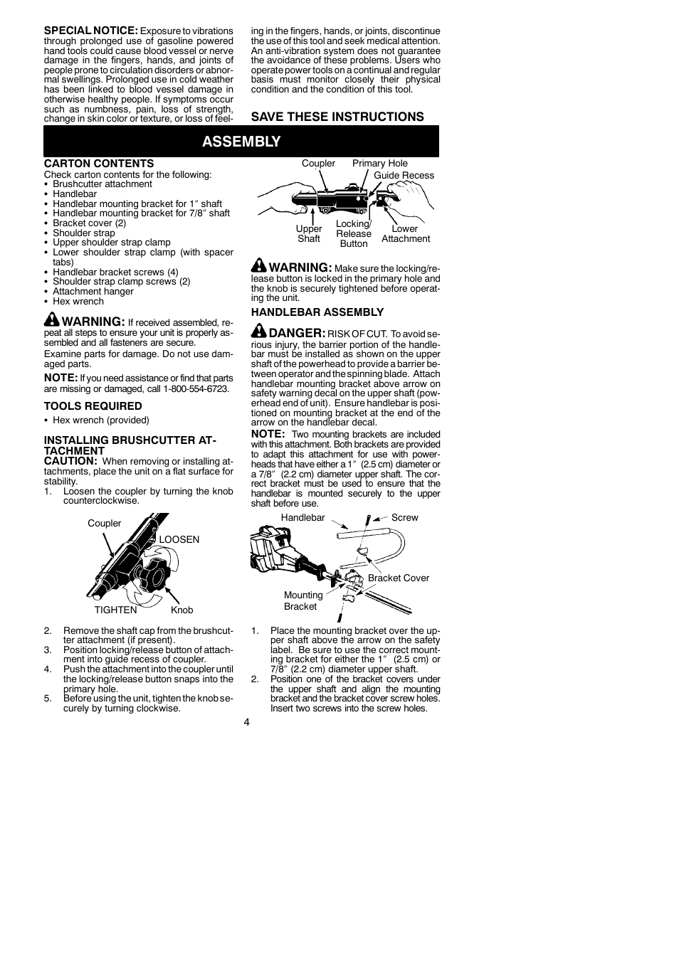 Assembly, Save these instructions, Warning | Danger | Poulan 530164830 User Manual | Page 4 / 9