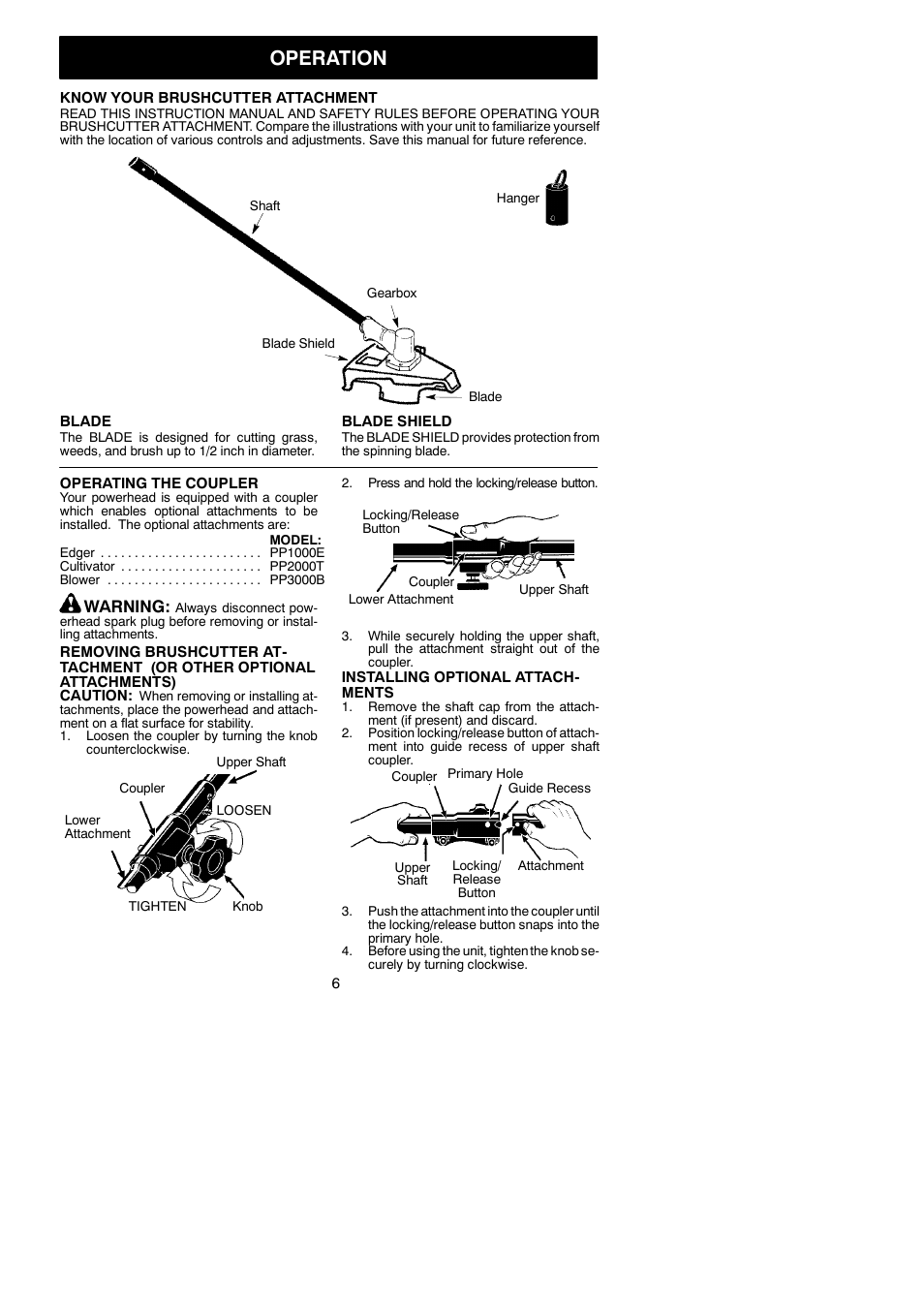 Operation, Warning | Poulan 530164830 User Manual | Page 6 / 9