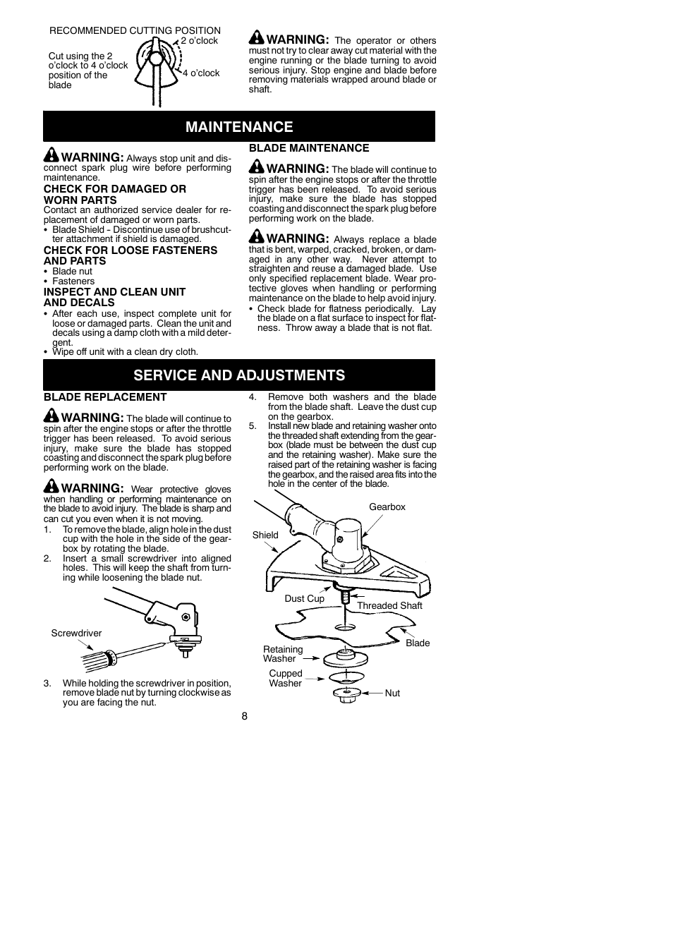 Maintenance, Service and adjustments, Warning | Poulan 530164830 User Manual | Page 8 / 9