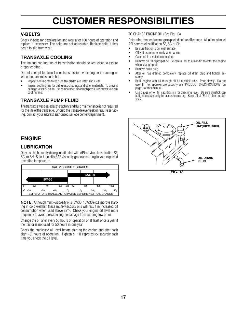 Customer responsibilities, Engine, V-belts | Transaxle cooling, Transaxle pump fluid, Lubrication | Poulan 161608 User Manual | Page 17 / 51
