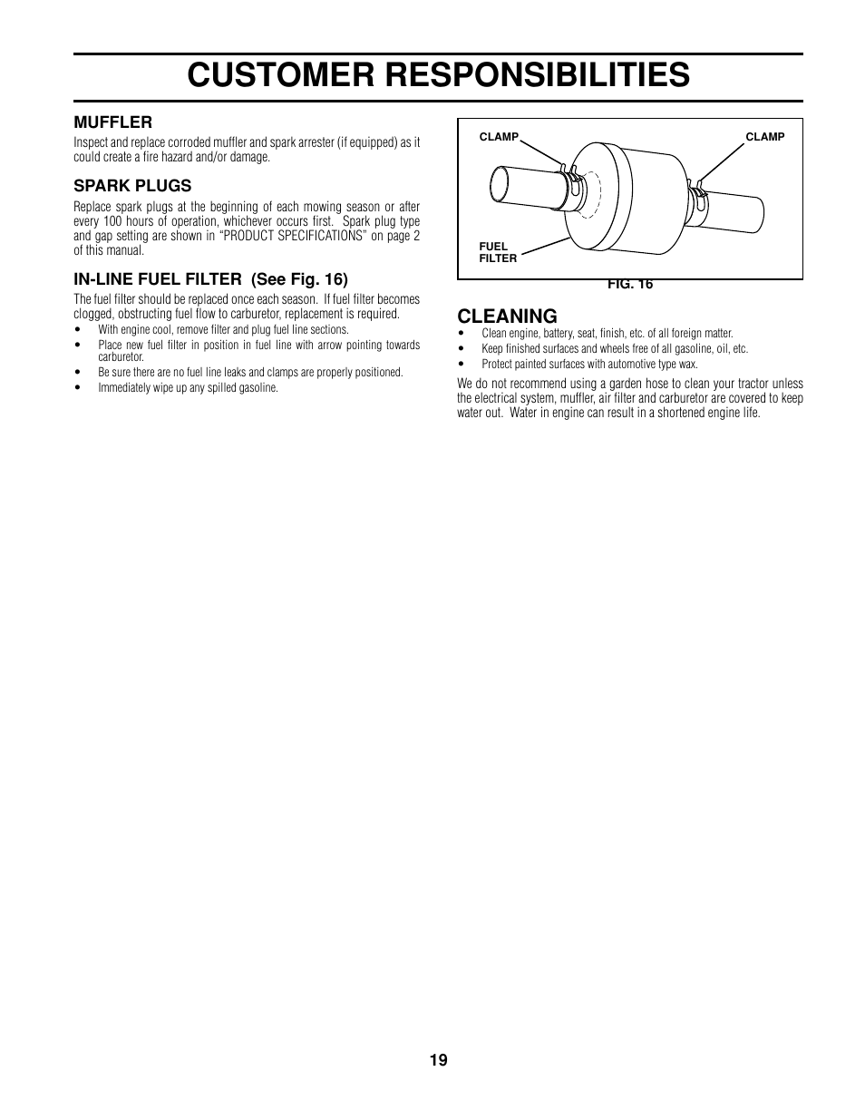 Customer responsibilities, Cleaning | Poulan 161608 User Manual | Page 19 / 51