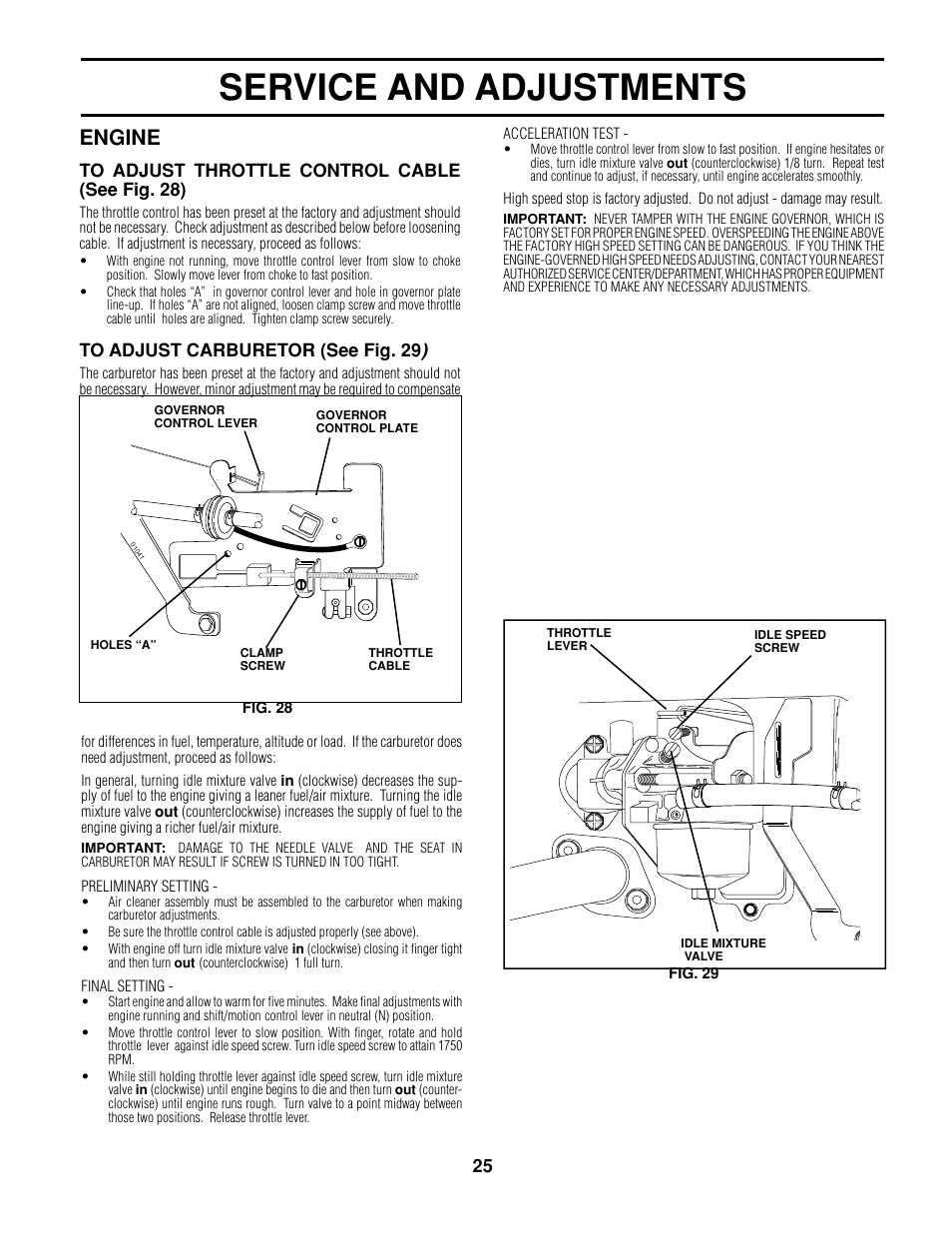 Service and adjustments, Engine | Poulan 161608 User Manual | Page 25 / 51