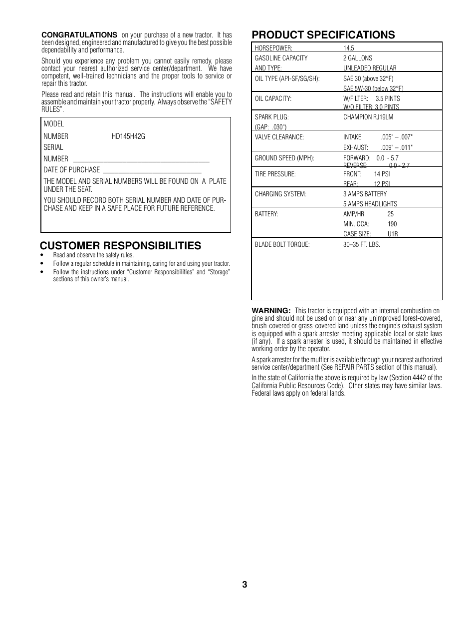 Product specifications, Customer responsibilities | Poulan 161608 User Manual | Page 3 / 51