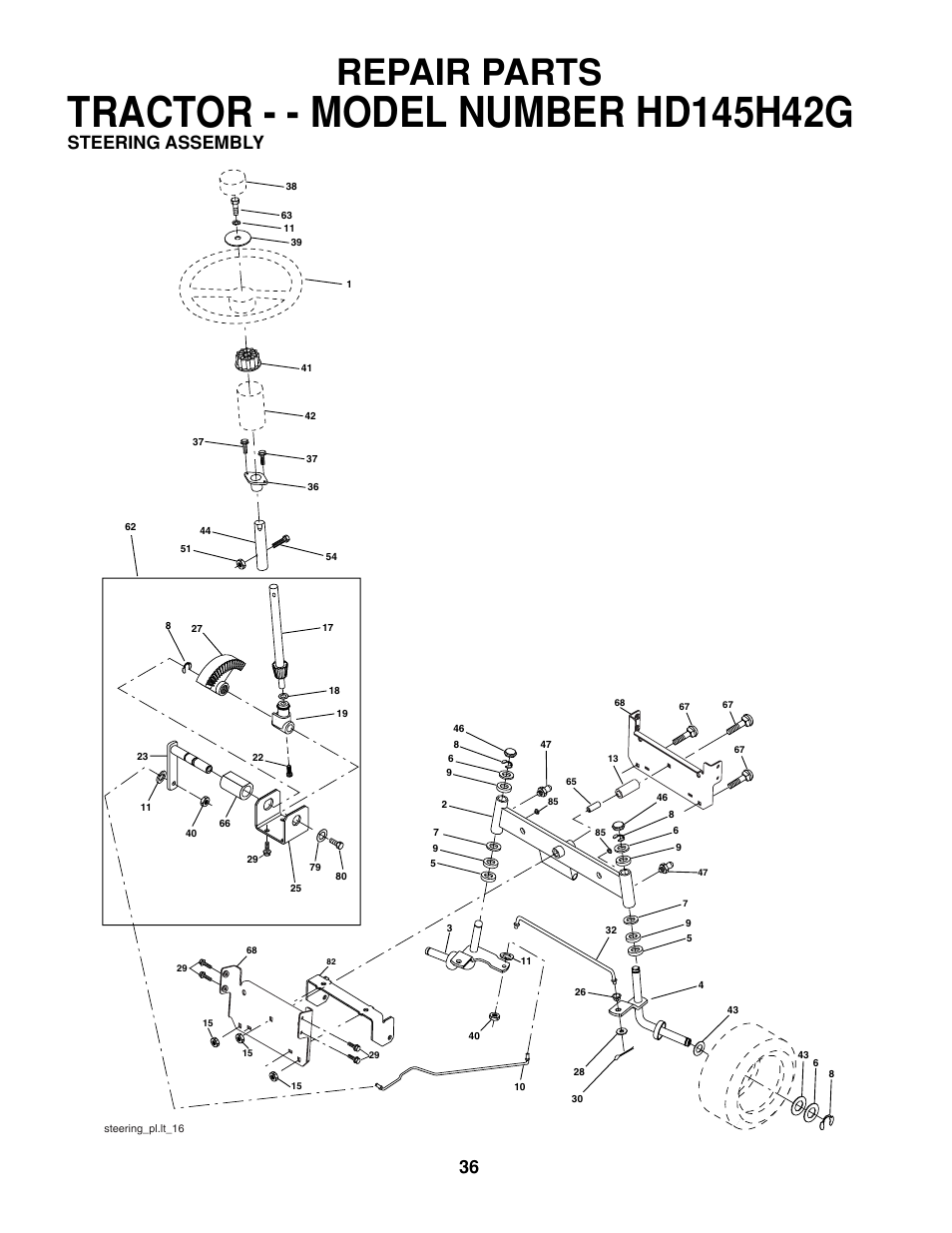 Repair parts, Steering assembly | Poulan 161608 User Manual | Page 35 / 51