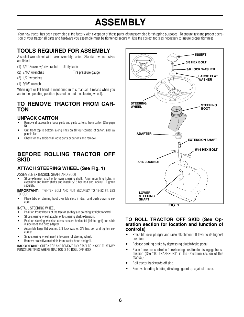 Assembly, Tools required for assembly, Before rolling tractor off skid | Poulan 161608 User Manual | Page 6 / 51