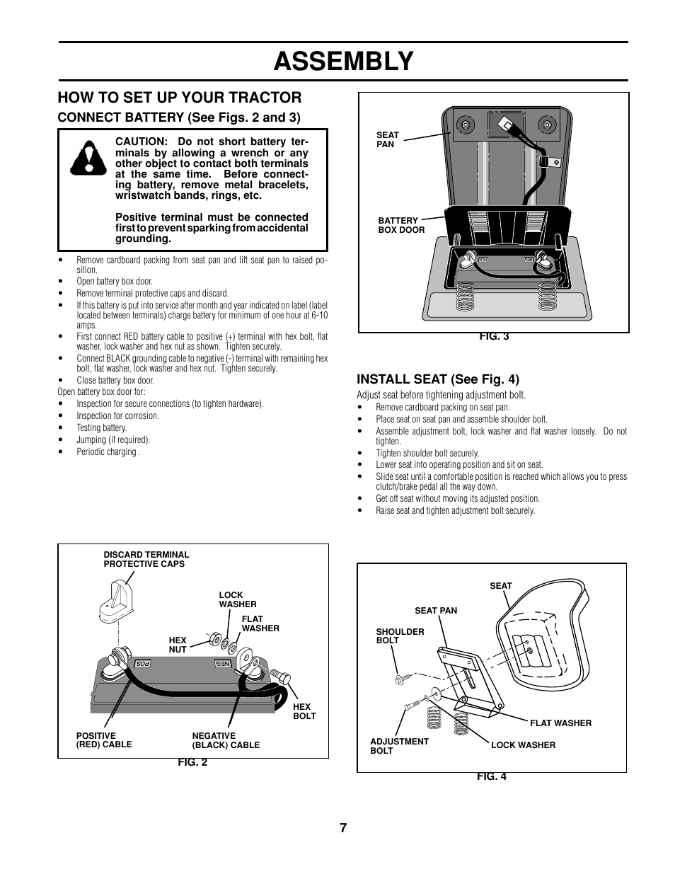 Assembly, How to set up your tractor, Connect battery (see figs. 2 and 3) | Install seat (see fig. 4) | Poulan 161608 User Manual | Page 7 / 51