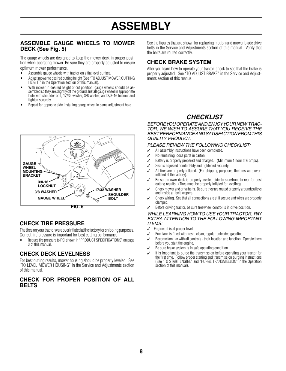 Assembly, Checklist, 8check tire pressure | Check deck levelness, Check brake system | Poulan 161608 User Manual | Page 8 / 51