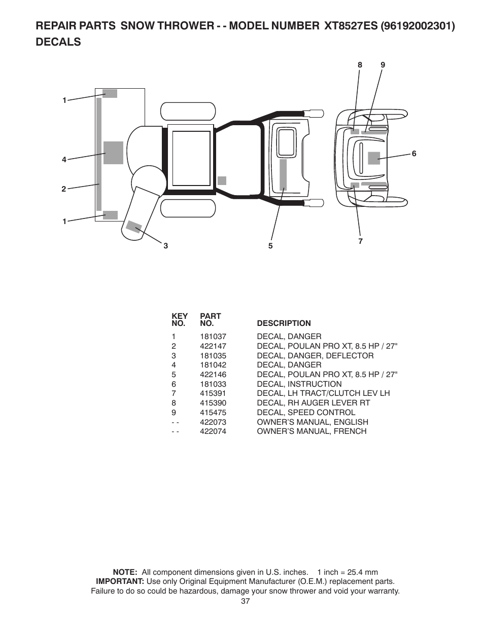 Poulan 422073 User Manual | Page 37 / 40