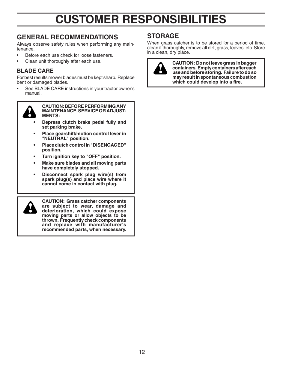 Customer responsibilities, Storage, General recommendations | Poulan 532175732 User Manual | Page 12 / 15